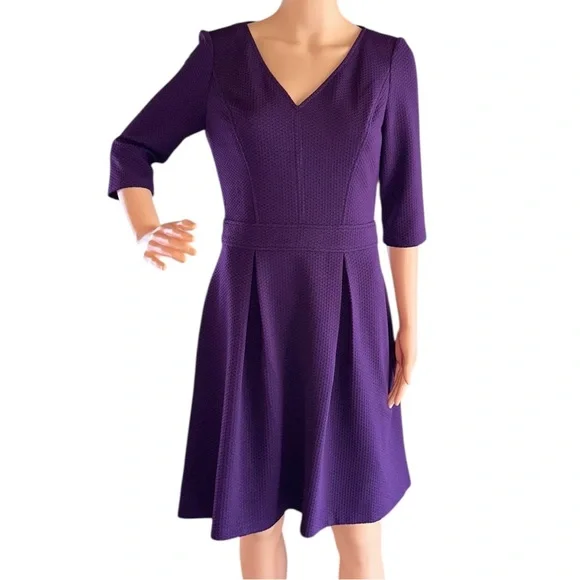 Chaps Women’s Purple Fit & Flare Textured 3/4 Sleeve V-Neck Party Dress Sz 6 NWT - Picture 4 of 11